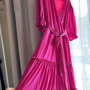 Ivy City Co Pink Wrap Midi Dress with Bishop Sleeves